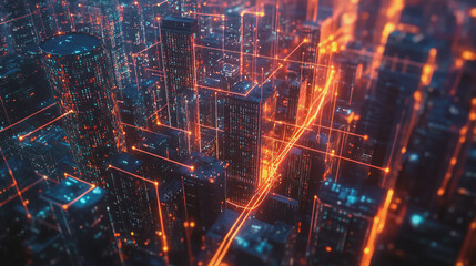 Smart digital Innovation city with connection network reciprocity over the twilight cityscape. of future smart wireless digital city and social media networking systems that connects people with city
