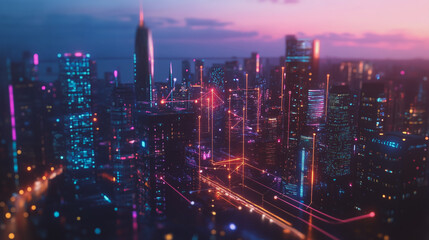 Obraz premium Smart digital Innovation city with connection network reciprocity over the twilight cityscape. of future smart wireless digital city and social media networking systems that connects people with city 
