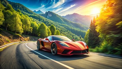 Fototapeta premium Supercar on Scenic Road: Luxury Sports Car Drive on Mountain Pass