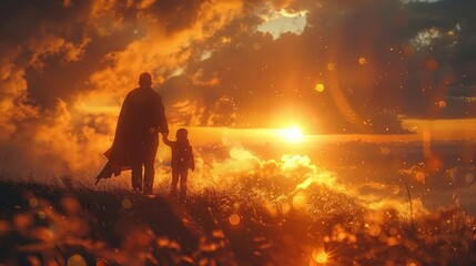 Fototapeta premium Sunset's Golden Hue: A Father Becomes a Pillar of Strength