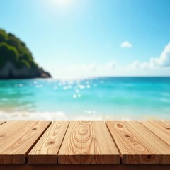 Obraz premium Warm wood grain table against sparkling, blurry ocean and sky, sunset, image