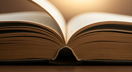 Fototapeta premium An evocative image of an open book with softly lit pages, creating a warm and inviting atmosphere.