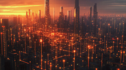 Naklejka premium Smart digital Innovation city with connection network reciprocity over the twilight cityscape. of future smart wireless digital city and social media networking systems that connects people with city 