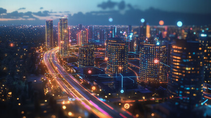 Obraz premium Smart digital Innovation city with connection network reciprocity over the twilight cityscape. of future smart wireless digital city and social media networking systems that connects people with city 