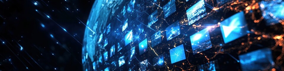 Fototapeta premium A futuristic digital landscape featuring screens and a glowing planet.