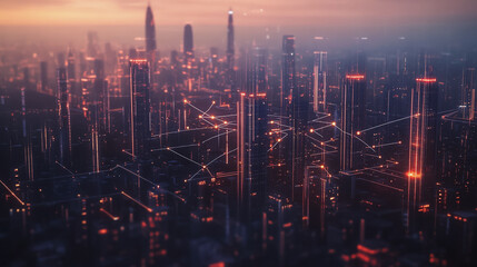 Fototapeta premium Smart digital Innovation city with connection network reciprocity over the twilight cityscape. of future smart wireless digital city and social media networking systems that connects people with city 
