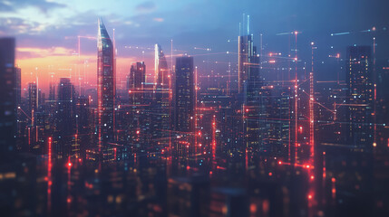 Fototapeta premium Smart digital Innovation city with connection network reciprocity over the twilight cityscape. of future smart wireless digital city and social media networking systems that connects people with city 