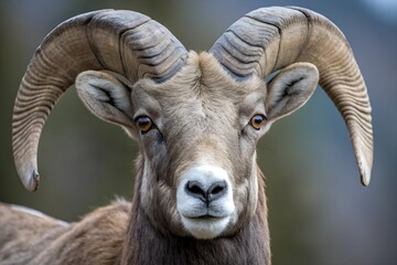 Obraz premium A striking close-up of a bighorn sheep, highlighting its majestic curled horns and focused gaze. The image captures the beauty and strength of this iconic mountain mammal.