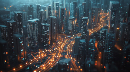 Fototapeta premium Smart digital Innovation city with connection network reciprocity over the twilight cityscape. of future smart wireless digital city and social media networking systems that connects people with city 