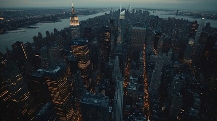 Fototapeta premium Night aerial view of Manhattan skyline, city lights illuminating streets, river in background, perfect for travel brochures
