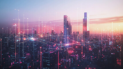 Fototapeta premium Smart digital Innovation city with connection network reciprocity over the twilight cityscape. of future smart wireless digital city and social media networking systems that connects people with city 