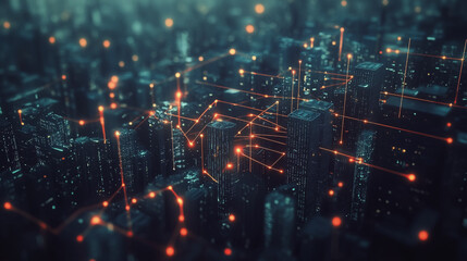 Obraz premium Smart digital Innovation city with connection network reciprocity over the twilight cityscape. of future smart wireless digital city and social media networking systems that connects people with city 