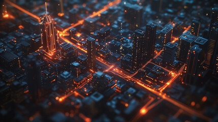 Smart digital Innovation city with connection network reciprocity over the twilight cityscape. of future smart wireless digital city and social media networking systems that connects people with city
