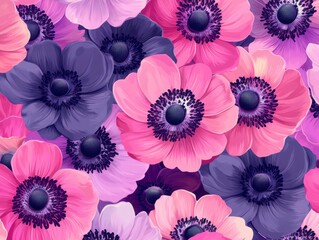 A Seamless Pattern of Pink and Purple Anemones with Black Centers on a Mixed Pink and Purple Background
