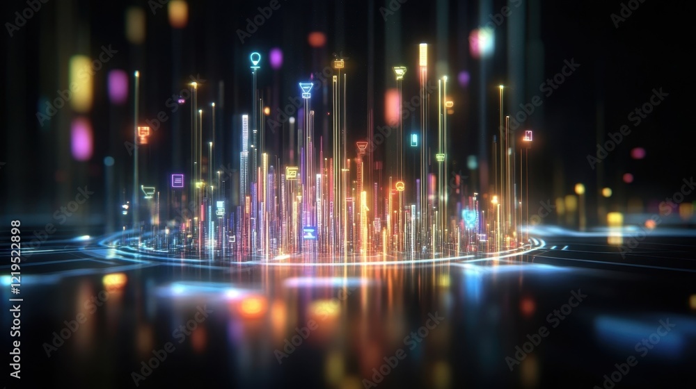 Poster glowing icons hovering above a futuristic cityscape illustrate data flow and technological advanceme