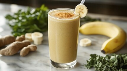 ashwagandha-infused smoothie in a clear glass with a straw, surrounded by fresh ingredients like bananas and almond milk