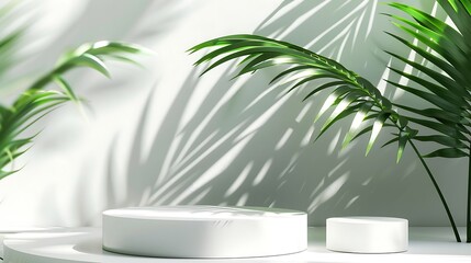 3d render of minimal product display podium with palm leaves and sunlight.