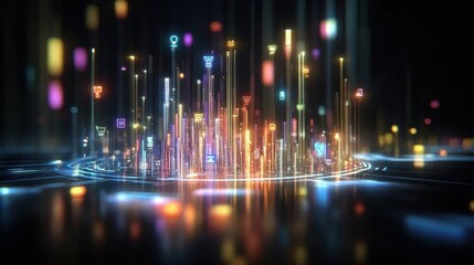 Fototapeta premium Glowing icons hovering above a futuristic cityscape illustrate data flow and technological advancement, creating a vibrant visualization of a smart city's innovation