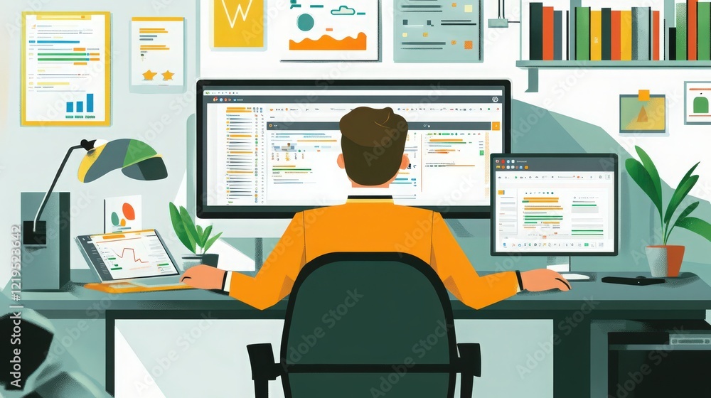 Poster person working at desk with multiple screens and documents in office environment