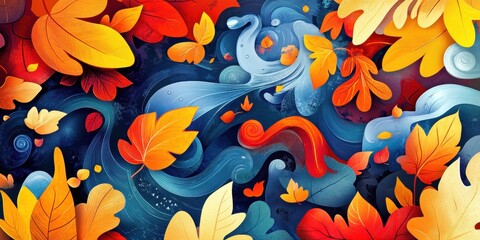 Autumn Leaves Swirling In Abstract Blue Waves