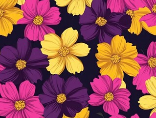 A Seamless Pattern of  cosmos flowers in bright fuchsia and yellow with Yellow Centers