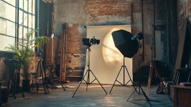 Professional photography studio with natural light and equipment