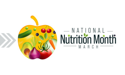 Naklejka premium National Nutrition month is observed every year in March, to draw attention to the importance of making informed food choices and developing healthy eating habits. Vector illustration