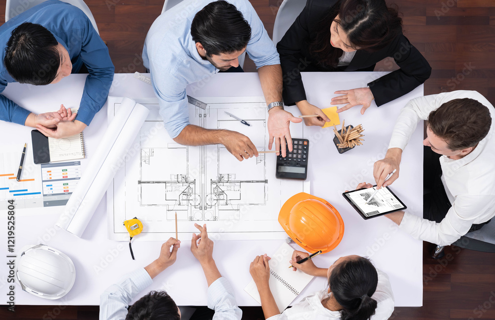Poster Top view banner of diverse group of civil engineer and client working together on architectural project, reviewing construction plan and building blueprint at meeting table. Prudent