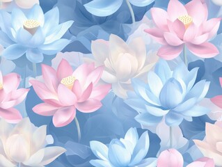 A Seamless Pattern of Pink and Blue Lotus Flowers with White Centers and Large Blue Leaves on a White Background