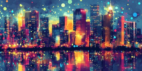 Fototapeta premium Vibrant Cityscape Night Lights Reflecting In Water