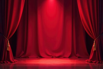 Deep red stage drapes, bright focused lighting , stage, dramatic