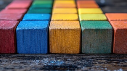 A colorful arrangement of small, rectangular wooden blocks,