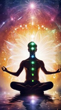 A man sitting in the lotus position, with bright chakra points glowing along his back against a background of mandalas. An aura of light and energy radiates, adding a mystical transformative quality 