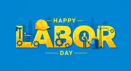 Modern Labour Day Design Featuring Bold Yellow Text Integrated with Tools, Gears, a Hard Hat, and Industrial Icons, Set Against a Bright Blue Background Representing Hard Work, Innovation, and Worker 