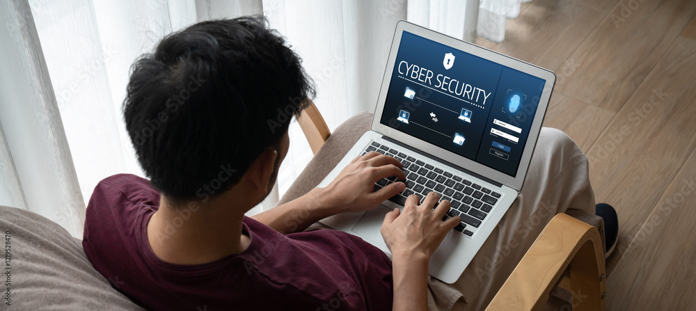 Poster cyber security system on computer screen protect private information snugly from hacker and cyber at