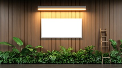 Blank Canvas on Wooden Wall with Tropical Plants and Ladder