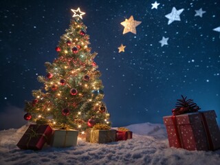 Obraz premium Surreal Christmas Tree with Floating Gifts: Festive Holiday Magic