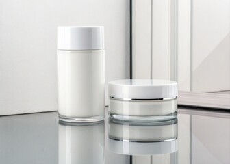 Obraz premium Elegant White Cosmetic Containers on a Reflective Surface