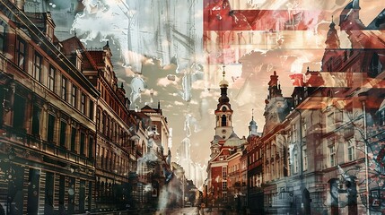 Old town of Gdansk, Poland with Polish flag.