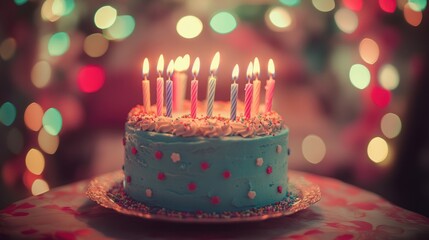 Birthday Cake with Lit Candles and Festive Lights