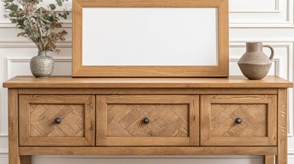 Modern Wooden Console Table with Blank Frame and Decor