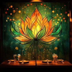 Table settings before large painted lotus flower in a restaurant for dining decor