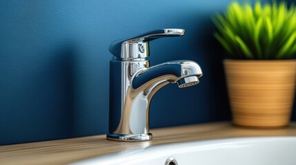 Modern Chrome Faucet in Blue Bathroom