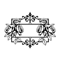 Elegant Black and White Rose Floral Ornament: Vintage Frame Design. Perfect for invitations, cards, and decorative projects.