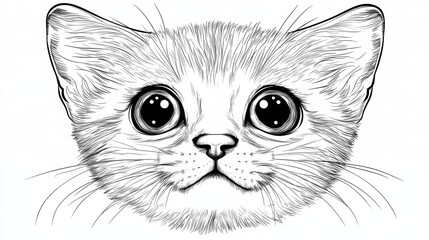 Cute Kitten Portrait, Line Art Illustration