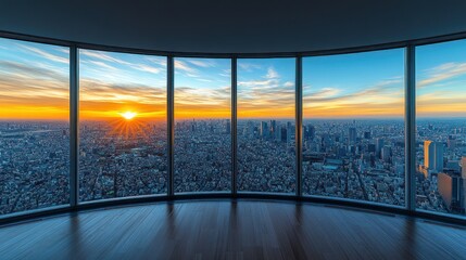 Fototapeta premium City sunset view through curved windows.