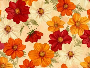A Seamless Pattern of cosmos flowers in warm orange and red tones, seamless Pattern on a Cream/Light Yellow Background
