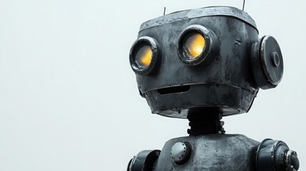 Close-up of a robot with round illuminated eyes set against a plain background with weathered texture