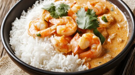 Image of rice and creamy coconut curry with shrimp in a deep bowl, emphasizing creamy and exotic flavors. Ideal for Thai cuisine and seafood lovers.