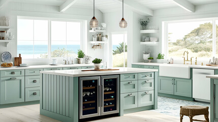 Fototapeta premium Coastal Farmhouse Kitchen Design with Ocean View